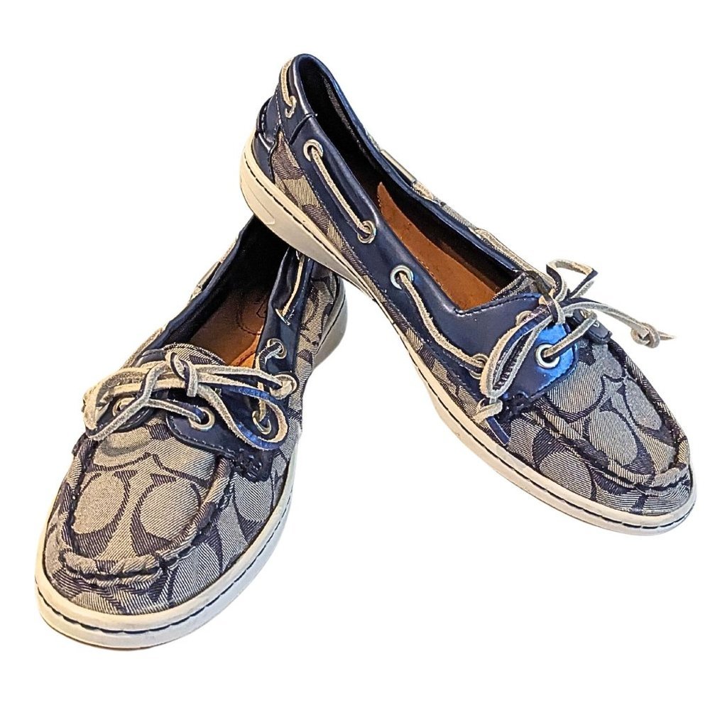 COACH Richelle Boat Shoes w/ Blue Monogram Logo and Gray Laces Size 8 ⛵ - Picture 1 of 7